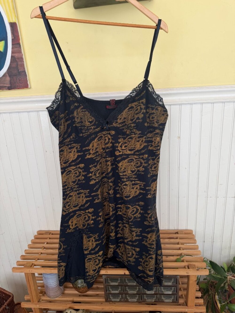 vintage y2k apple bottom jeans Black & Gold Lace-Trimmed sleep slip dress